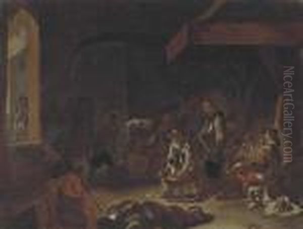 Figures In A Forge Oil Painting by Jan Miel