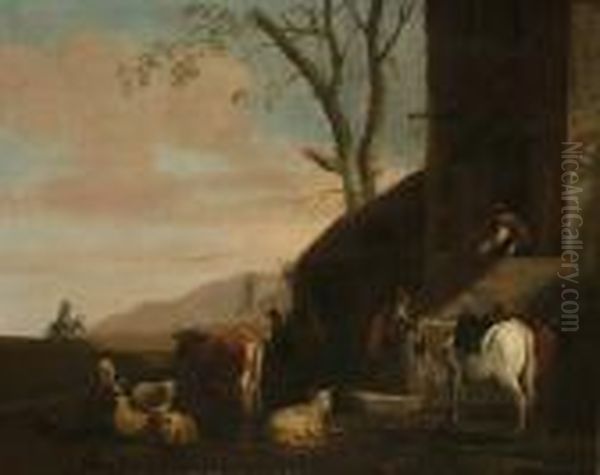 Cattle And Travellers Outside A Village Inn Oil Painting by Jan Miel