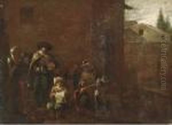 Peasants Singing And Making Music In The Street Oil Painting by Jan Miel