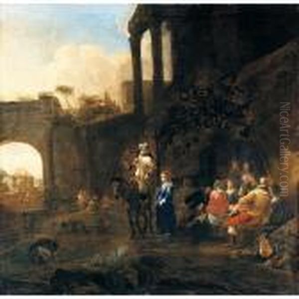 Italianate Landscape With An Elegant Company Making Merry Outside A Tavern Oil Painting by Jan Miel