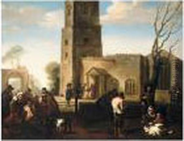 Figures Before A Church Distributing Alms To The Poor Oil Painting by Jan Miel