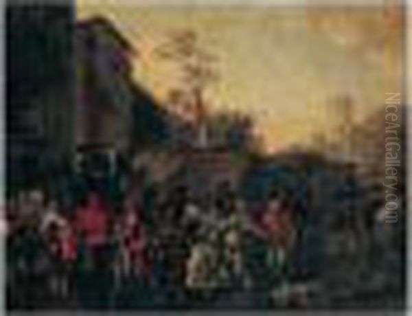 A Town Scene With Figures In A Carnival Procession Oil Painting by Jan Miel