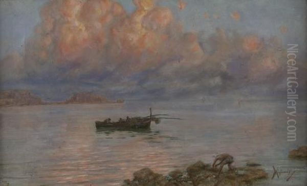 Napoli, Veduta Da Mergellina Con Barca Di Pescatori Oil Painting by Vincenzo Migliaro