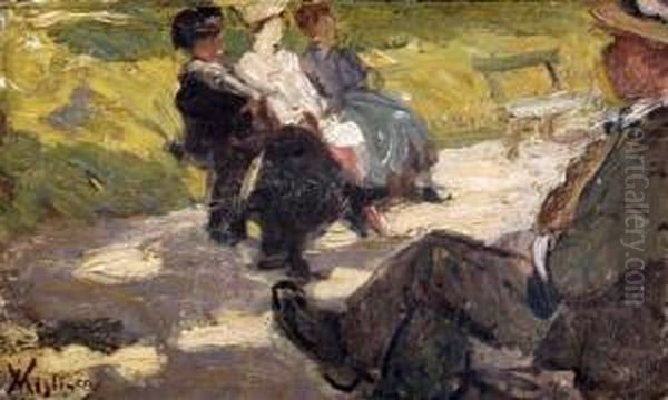 Figures Seated In A Park Oil Painting by Vincenzo Migliaro