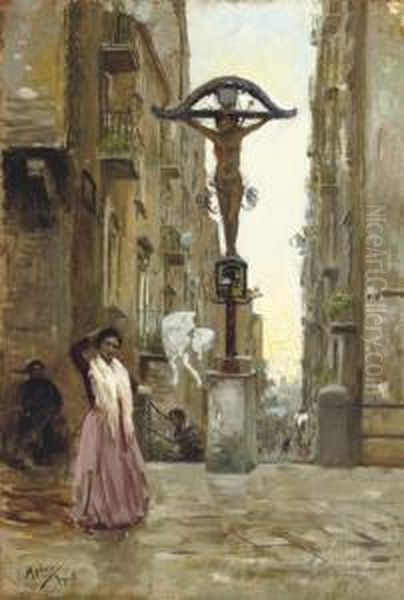 Street Scene In Naples Oil Painting by Vincenzo Migliaro