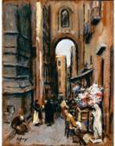 Napoli, La Via Del Mercato Oil Painting by Vincenzo Migliaro