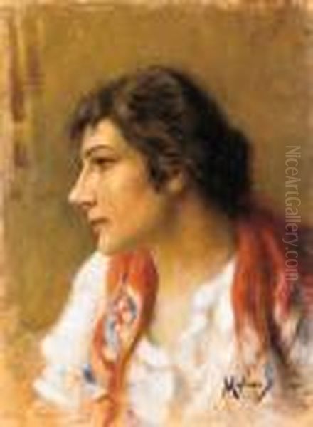 Il Fazzoletto Rosso (1900-1910) Oil Painting by Vincenzo Migliaro