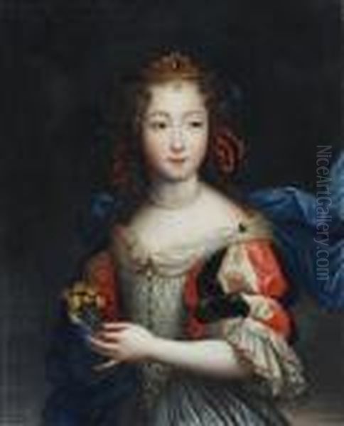 Portrait Of A Young Woman, Half Length, Holding A Posy Oil Painting by Pierre Le Romain I Mignard