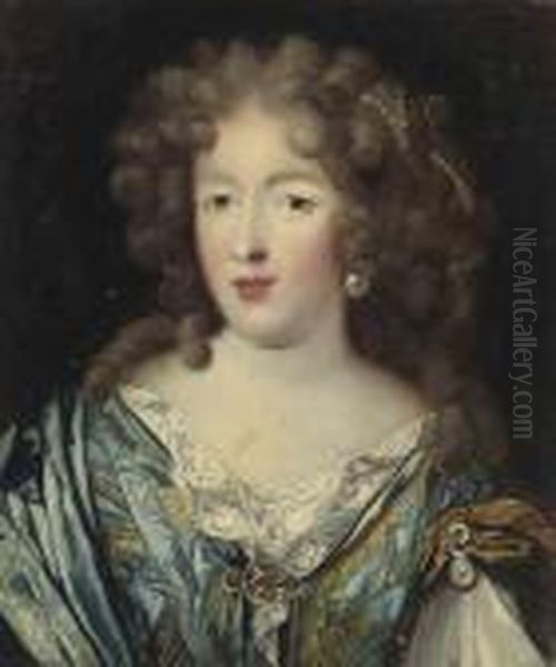 Portrait Of A Lady, Bust-length, In A Blue And Gold Dress, With
Pearl Ornaments In Her Hair Oil Painting by Pierre Le Romain I Mignard