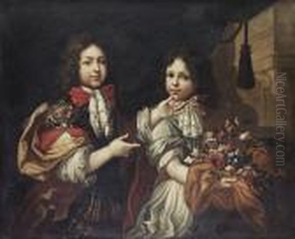 Portrait Of Two Boys, Three-quarter-length,one Holding A Bouquet Of Flowers Oil Painting by Pierre Le Romain I Mignard