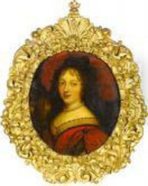 Portrait Of A Lady, Bust-length,
 In A Red Dress And A Pearl Necklace, Before An Open Landscape Oil Painting by Pierre Le Romain I Mignard