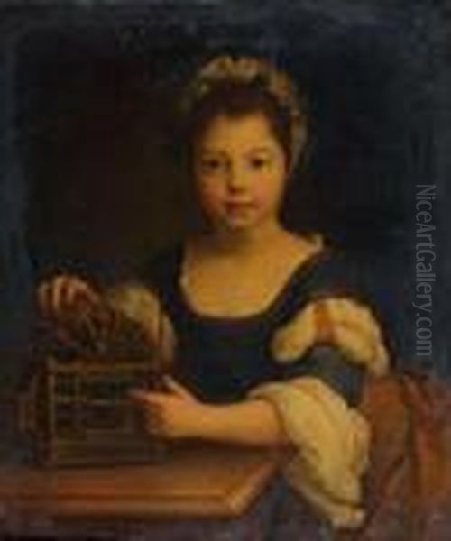 Jeune Fille A La Cage A Oiseau Oil Painting by Pierre Le Romain I Mignard