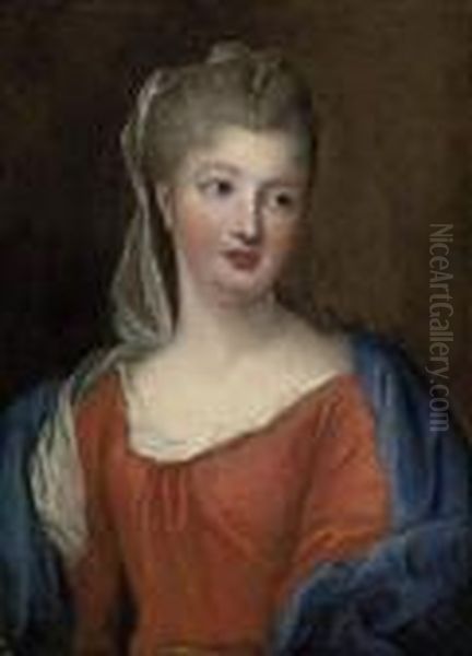 Portrait Of A Lady, Half-length, In A Red Dress With A Blueshawl Oil Painting by Pierre Le Romain I Mignard