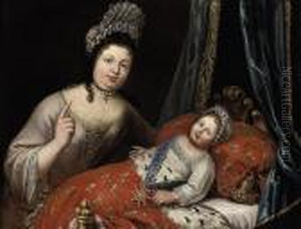 Portrait Of Louis Xiv As An Infant, With The Royal Nurse Madame A.melin Oil Painting by Pierre Le Romain I Mignard