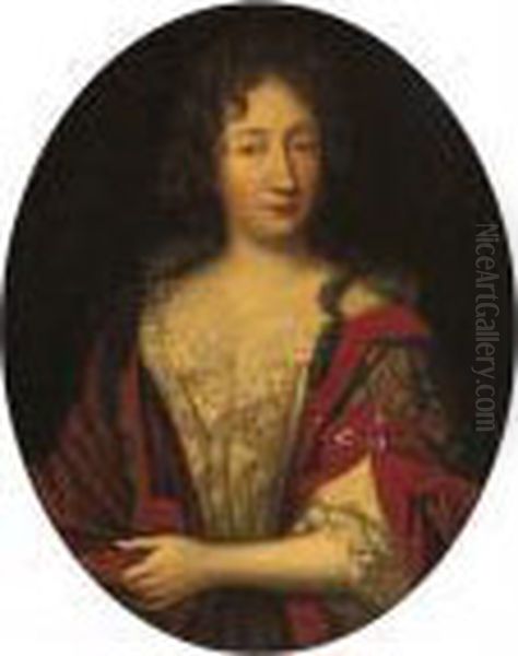 Portrait Of A Lady, Bust-length, In A Red Velvet And Lace Dress Oil Painting by Pierre Le Romain I Mignard