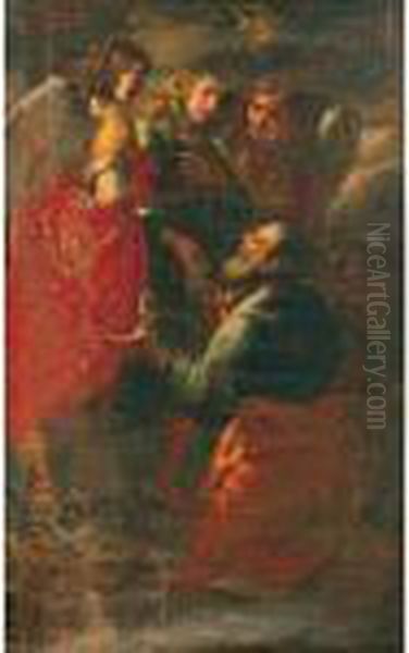 Abramo E I Tre Angeli Oil Painting by Pierre Le Romain I Mignard