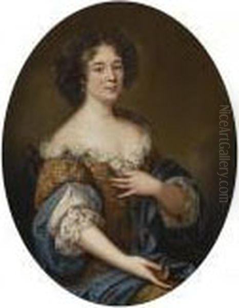 Portrait Of A Lady, Possibly 
Maria Mancini (1639-1715), Seatedhalf-length, Wearing A Richly 
Embroidered Dress And A Blueshawl Oil Painting by Pierre Le Romain I Mignard