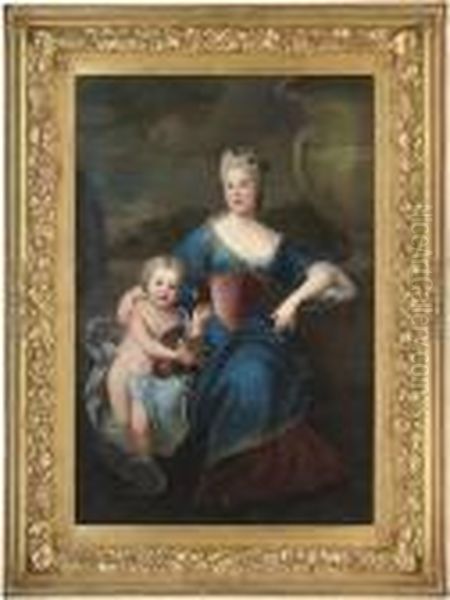 Portrait Of A Lady Traditionally
 Identified As Madame De La Force,dressed As Flora, 
Three-quarter-length, With A Child As Aputto Oil Painting by Pierre Le Romain I Mignard