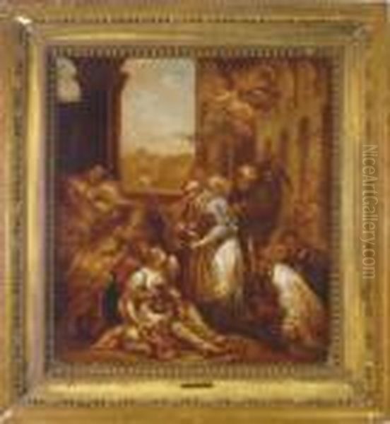 Saint Charles Borromeo Giving Alms To The Poor Oil Painting by Pierre Le Romain I Mignard