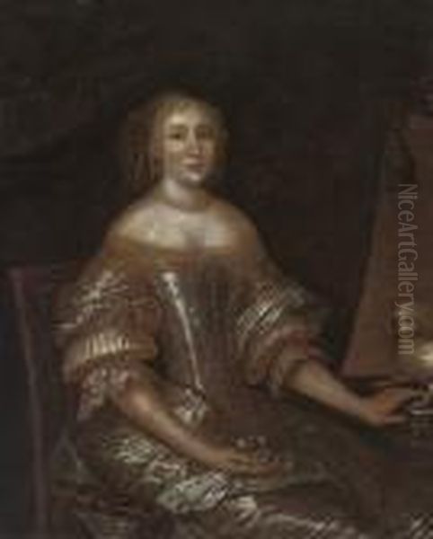 Portrait Of A Lady, Seated, 
Three-quarter-length, In An Oyster Satin Dress, Orange Blossom In Her 
Right Hand, A Dog To Her Left Oil Painting by Pierre Le Romain I Mignard