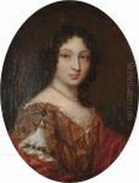 Portrait Of A Lady, Half-length, In A Gold Dress, A Red Wrap And A Pearl Necklace Oil Painting by Pierre Le Romain I Mignard