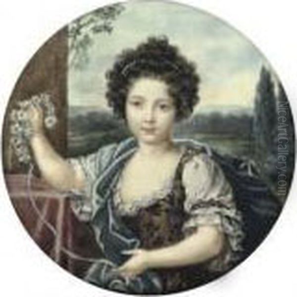 Louise-marie De Bourbon, 
Mademoiselle De Tours, Duchesse D'orlaans (1674-1681), Holding A Crown 
Of Daisies; Landscape Background Oil Painting by Pierre Le Romain I Mignard