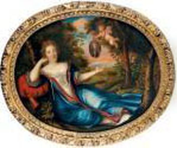 Portrait D'homme Montre Par Un Putto A Une Jeune Femme Dans Un Paysage Oil Painting by Pierre Le Romain I Mignard