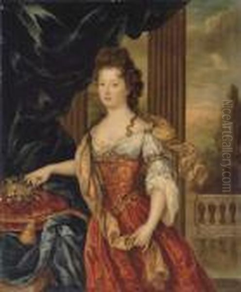 Portrait Of Marie-therese De 
Bourbon, Princesse De Conti (1666-1732), Three-quarter-length, Wearing A
 Red And Gold Brocade Dress In An Interior, A Mountainous Landscape 
Beyond Oil Painting by Pierre Le Romain I Mignard