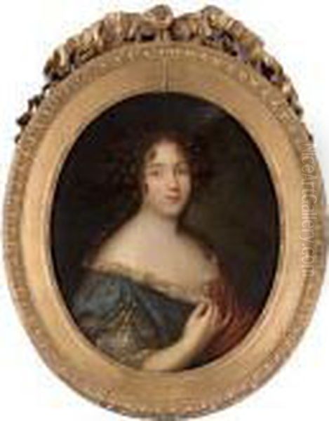 Portrait Of A Lady, Bust-length, In A Blue Dress With Lace Trim And A Brown Wrap Oil Painting by Pierre Le Romain I Mignard