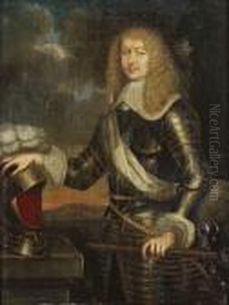 Portrait Of An Officer, Said To 
Be Francois Emmanuel De Bonne De Crequy, Duc De Lesdiguieres, Marechal 
Of France, Standing Small Three-quarter-length, Wearing Armour, A Baton
 In His Left Hand And His Right Resting On A Helmet Oil Painting by Pierre Le Romain I Mignard