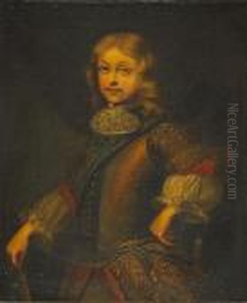 A Portrait Of A Young Nobleman, Three-quarter Length, In Armor Holding A Baton Oil Painting by Pierre Le Romain I Mignard