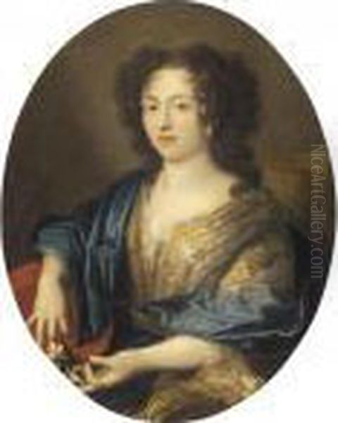 Lady Half Length Wearing A 
Richly Embroidered Dress And A Blue Shawl And 
Holding A Flower Oil Painting by Pierre Le Romain I Mignard