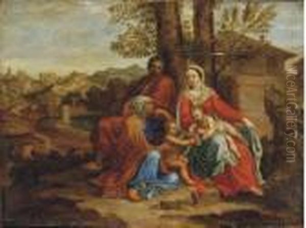 The Holy Family With Saint Elizabeth Oil Painting by Pierre Le Romain I Mignard