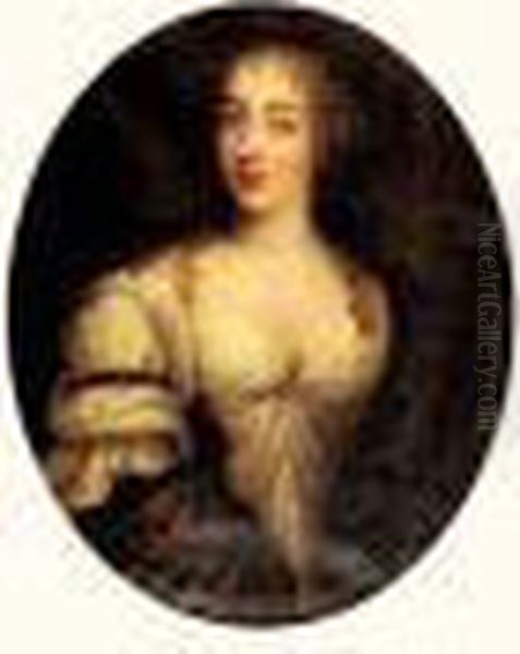 Portrait De Jeune Femme A Robe Blanche Oil Painting by Pierre Le Romain I Mignard