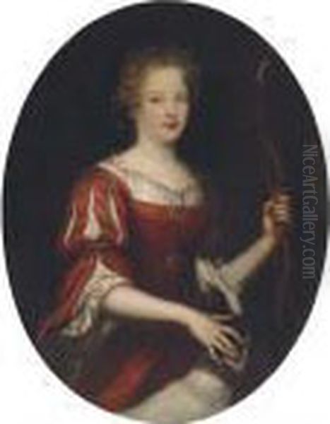 Portrait Of A Lady As Diana, Three-quarter Length, In A Reddress Oil Painting by Pierre Le Romain I Mignard