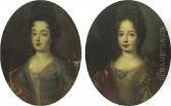 Portraits Of Two Ladies Said To 
Be Louise Marie De Bourbon And Francoise Marie De Bourbon: A Pair Oil Painting by Pierre Le Romain I Mignard