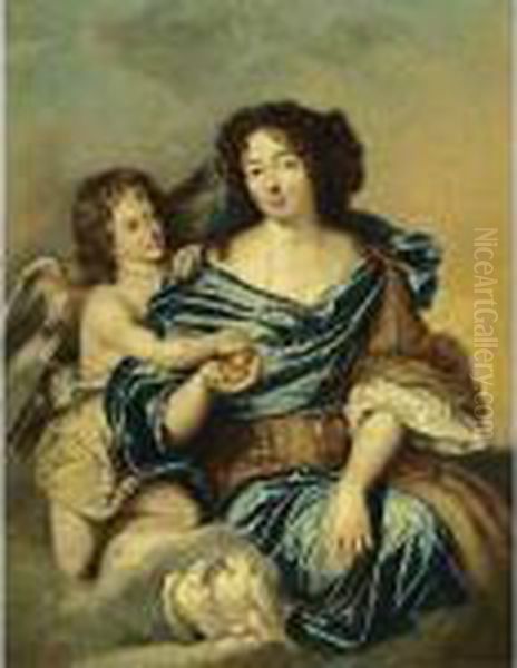 A Portrait Of A Lady As Venus, 
Seated Three-quarter Length, Wearing A Blue Satin Dress With A Gold And 
White Shawl, Holding Paris's Apple, Together With Cupid And Two Doves In
 The Foreground Oil Painting by Pierre Le Romain I Mignard