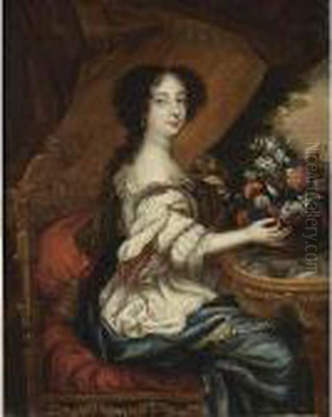 A Portrait Of A Lady, Seated 
Three-quarter Lenght, Wearing A White Dress With A Blue Shawl And 
Holding A Basket Of Flowers Oil Painting by Pierre Le Romain I Mignard