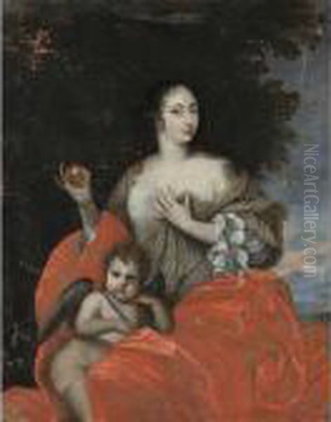 A Portrait Of A Lady As Venus, Seated Three-quarter Length, Together With Cupid Oil Painting by Pierre Le Romain I Mignard