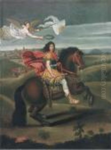 An Equestrian Portrait Of Louis Xiv Oil Painting by Pierre Le Romain I Mignard