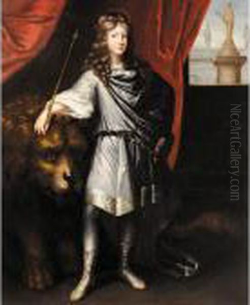 Portrait Of A Young Man, Full-length, Dressed As An Emperor With A Lion By His Side Oil Painting by Pierre Le Romain I Mignard