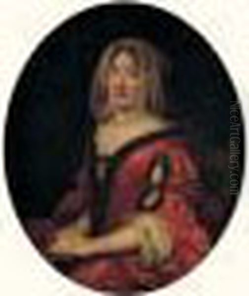 Portrait De Jeune Femme En Robe Rouge Bordee De Fourrure Oil Painting by Pierre Le Romain I Mignard