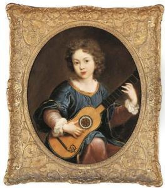 A Young Girl Playing A Guitar Oil Painting by Pierre Le Romain I Mignard