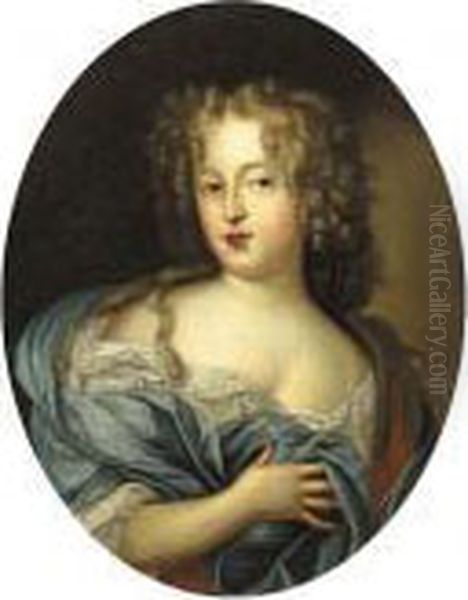 Portrait Of A Lady, Wearing A Blue Dress With Lace Chemise And Wrap Oil Painting by Pierre Le Romain I Mignard