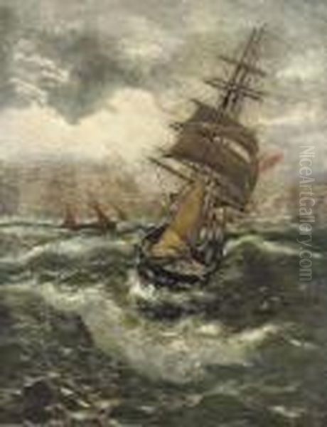 A Heavy Swell Off The Harbour Mouth At Whitby Oil Painting by Thomas Rose Miles