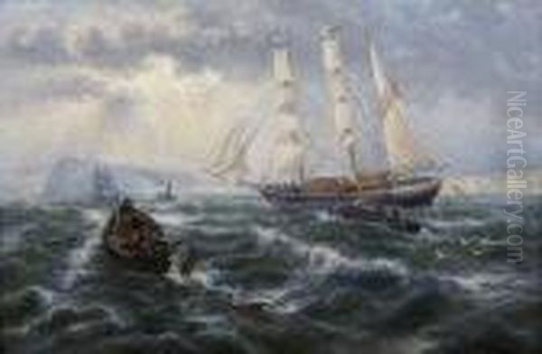 Fishing Boats In Stormy Seas Oil Painting by Thomas Rose Miles