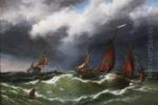 A Coming Gale - Fishing Boats Running Fromthe Dogger Bank Oil Painting by Thomas Rose Miles