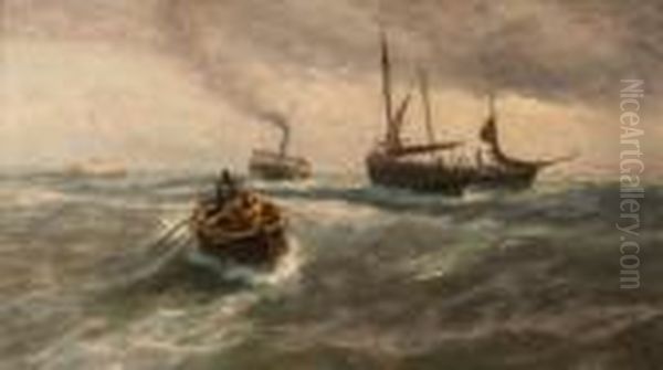 Seascape Off Yarmouth With 
Figures In A Rowing Boat Near Sailing Vessels And A Paddle Steamer Oil Painting by Thomas Rose Miles