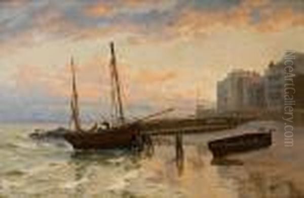 Beaching The Lugger As The Tide Ebbs Oil Painting by Thomas Rose Miles