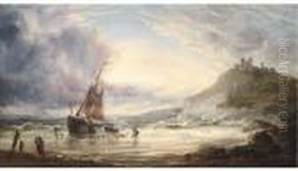 Unloading The Days Catch, Whitby Bay Oil Painting by Thomas Rose Miles